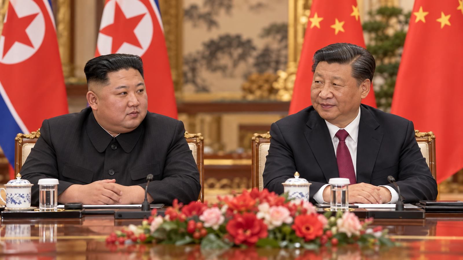 El líder norcoreano Kim Jong-un junto al presidente chino Xi Jinping durante un encuentro oficial.
