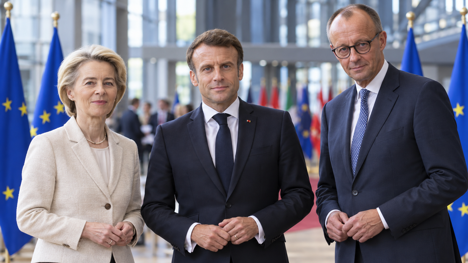 La presidenta de la Comisión Europea, Ursula von der Leyen, junto a Emmanuel Macron y Friedrich Merz.