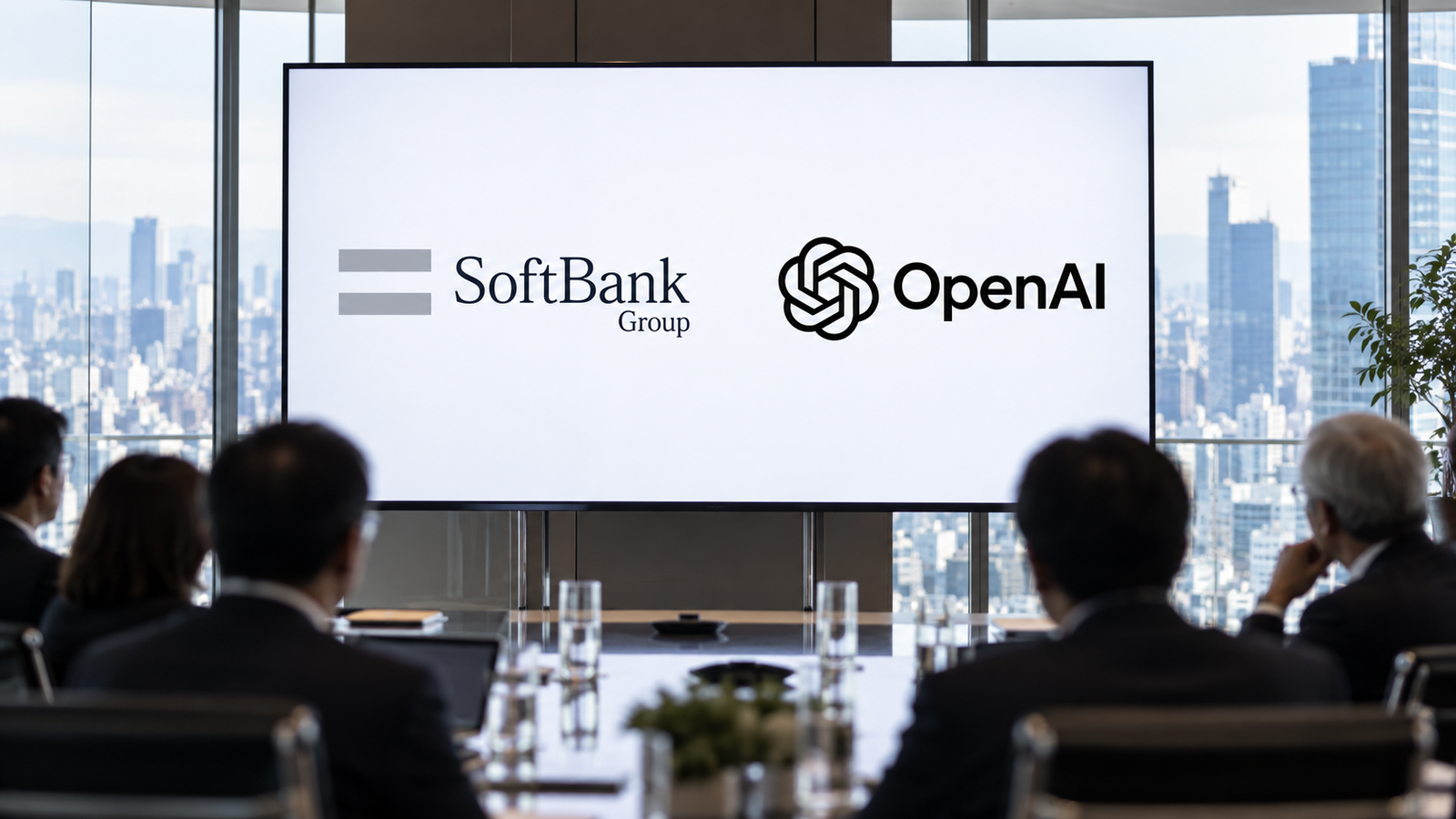 Logotipo de SoftBank Group y OpenAI en una pantalla corporativa.