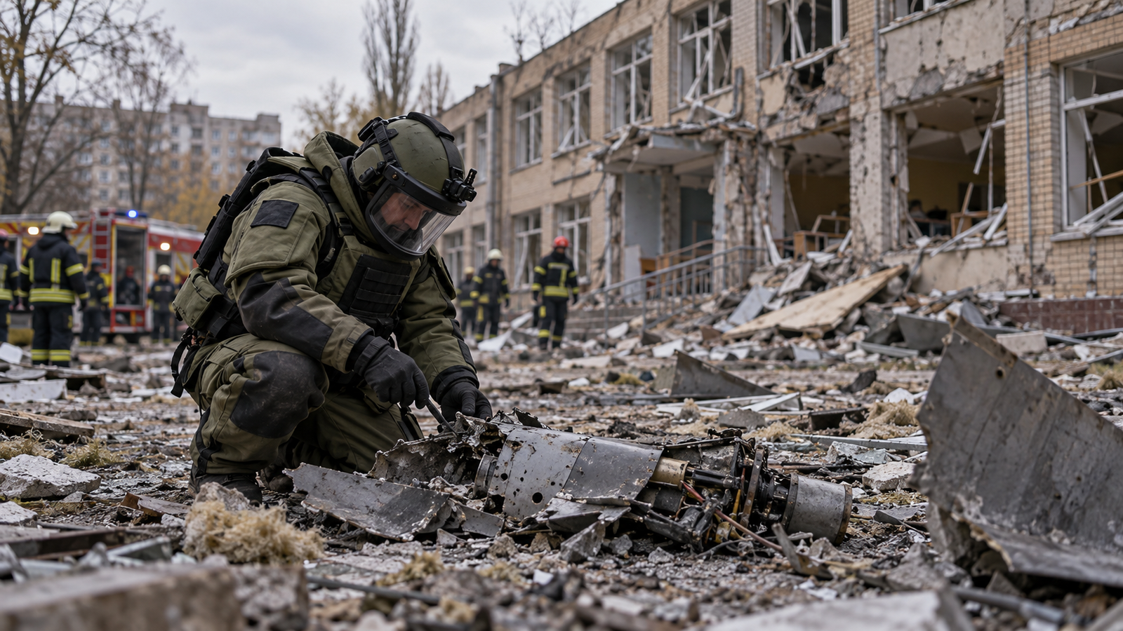 Un agente de la unidad de desactivación de explosivos trabaja en una escuela dañada por un dron ruso en Kiev.