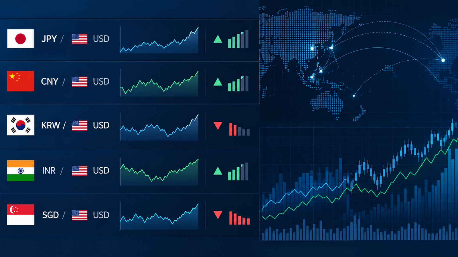 Gráfico financiero que muestra las cotizaciones de las divisas asiáticas y el dólar estadounidense.