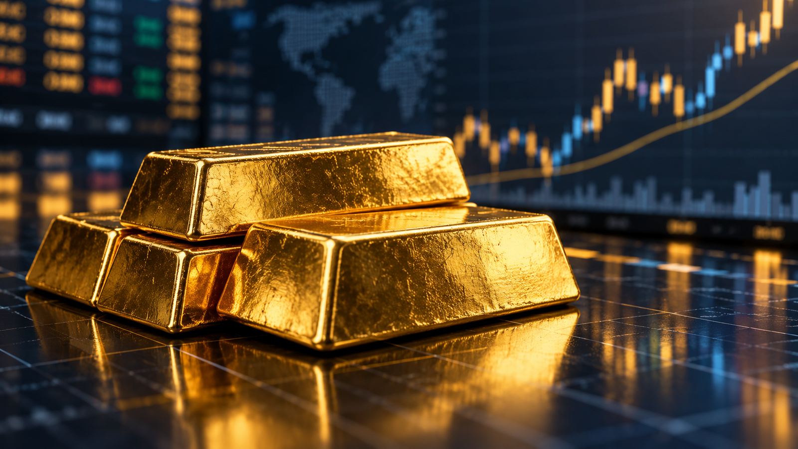 Lingotes de oro amontonados sobre una superficie financiera.